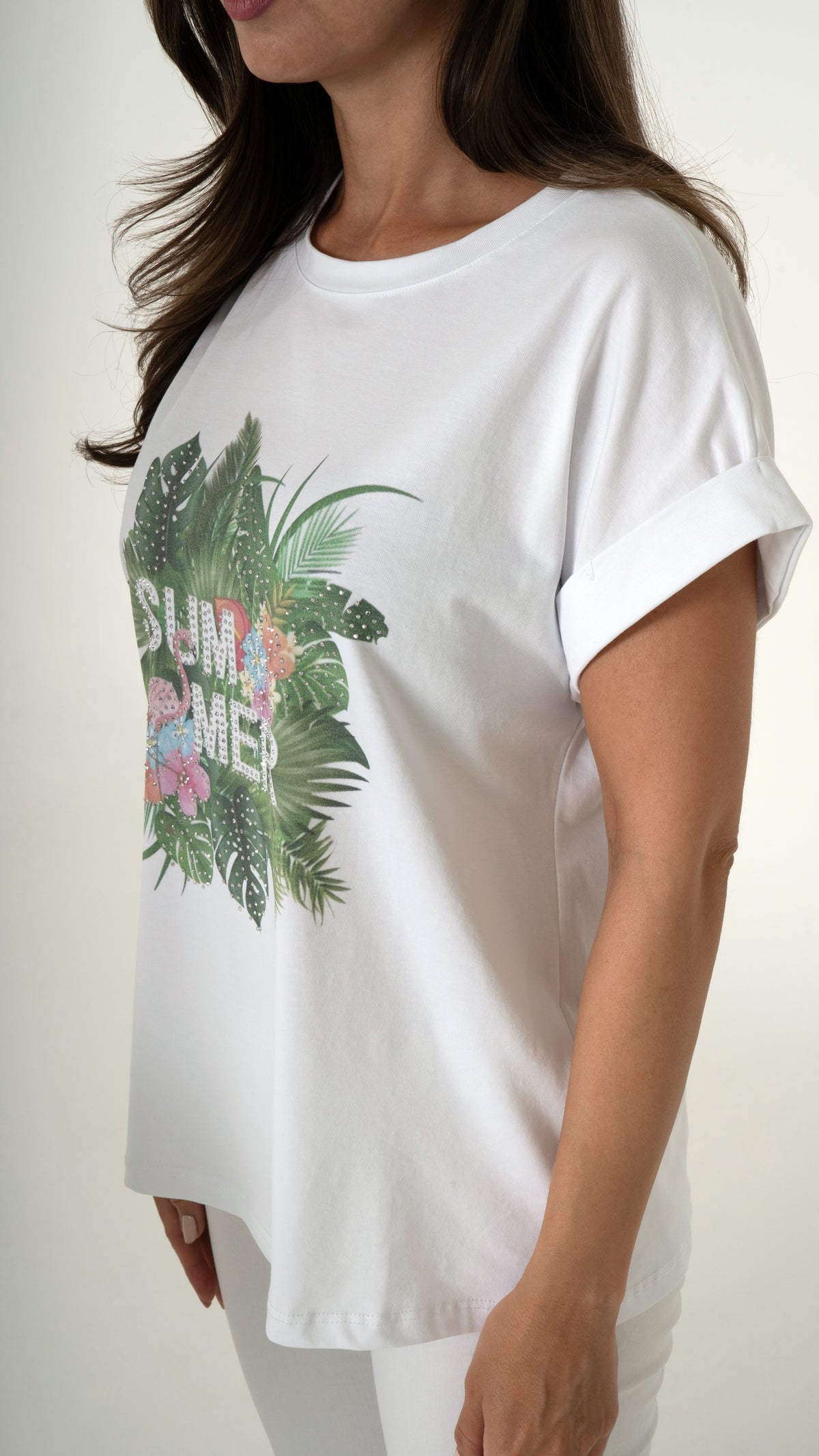 Detailansicht T-Shirt weiß mit Print: Tropischer Sommerprint mit Palmen und Glitzer